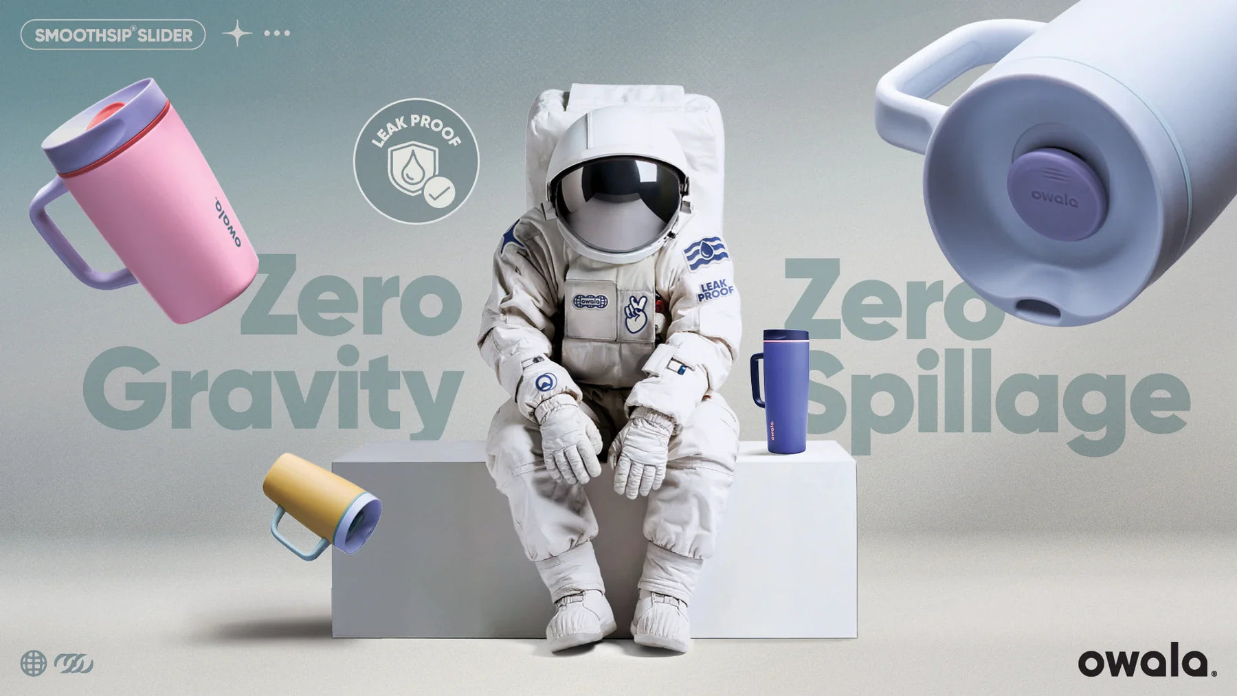 Owala SmoothSip Slider drinkware floating with an astronaut figure and Zero Gravity, Zero Spillage text