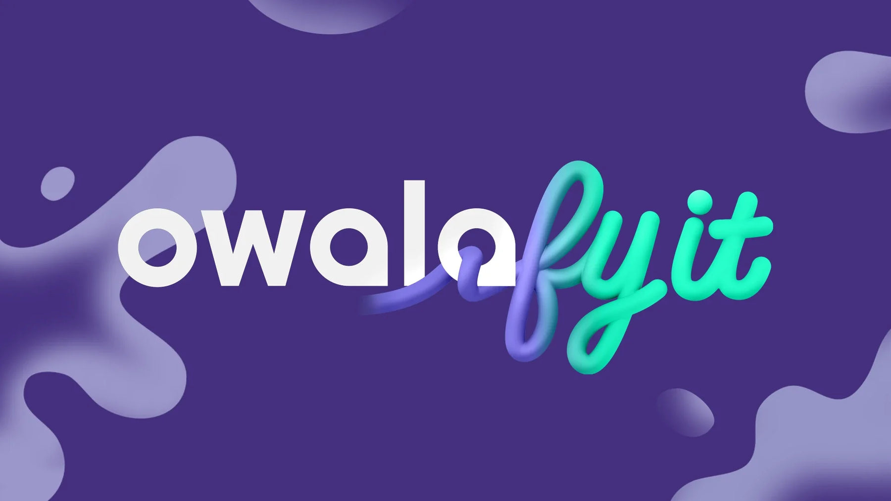 Owalaify it logo on a purple background with abstract splash shapes