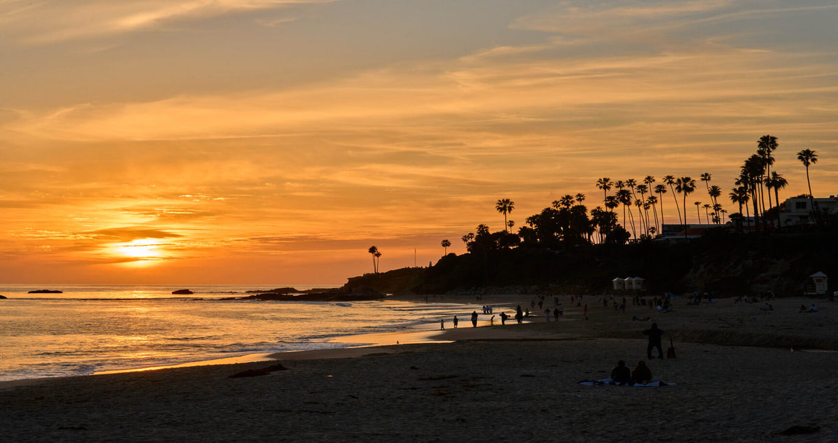Golden California beach sunset with silhouetted palm trees and people along shoreline—peaceful ocean view ideal for travel inspiration, coastal tourism, and adventure.