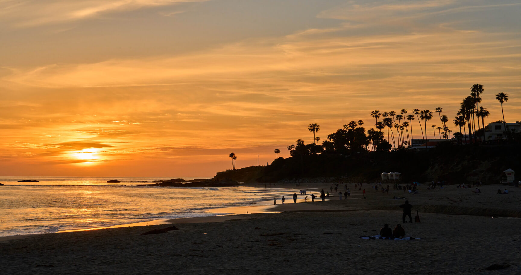Golden California beach sunset with silhouetted palm trees and people along shoreline—peaceful ocean view ideal for travel inspiration, coastal tourism, and adventure.