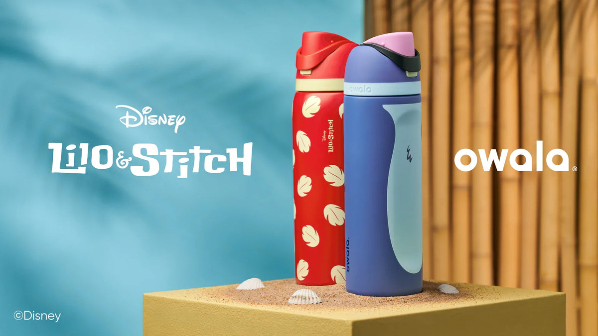 Two Owala water bottles, one red and one blue, with Disney Lilo & Stitch branding on a blue background.