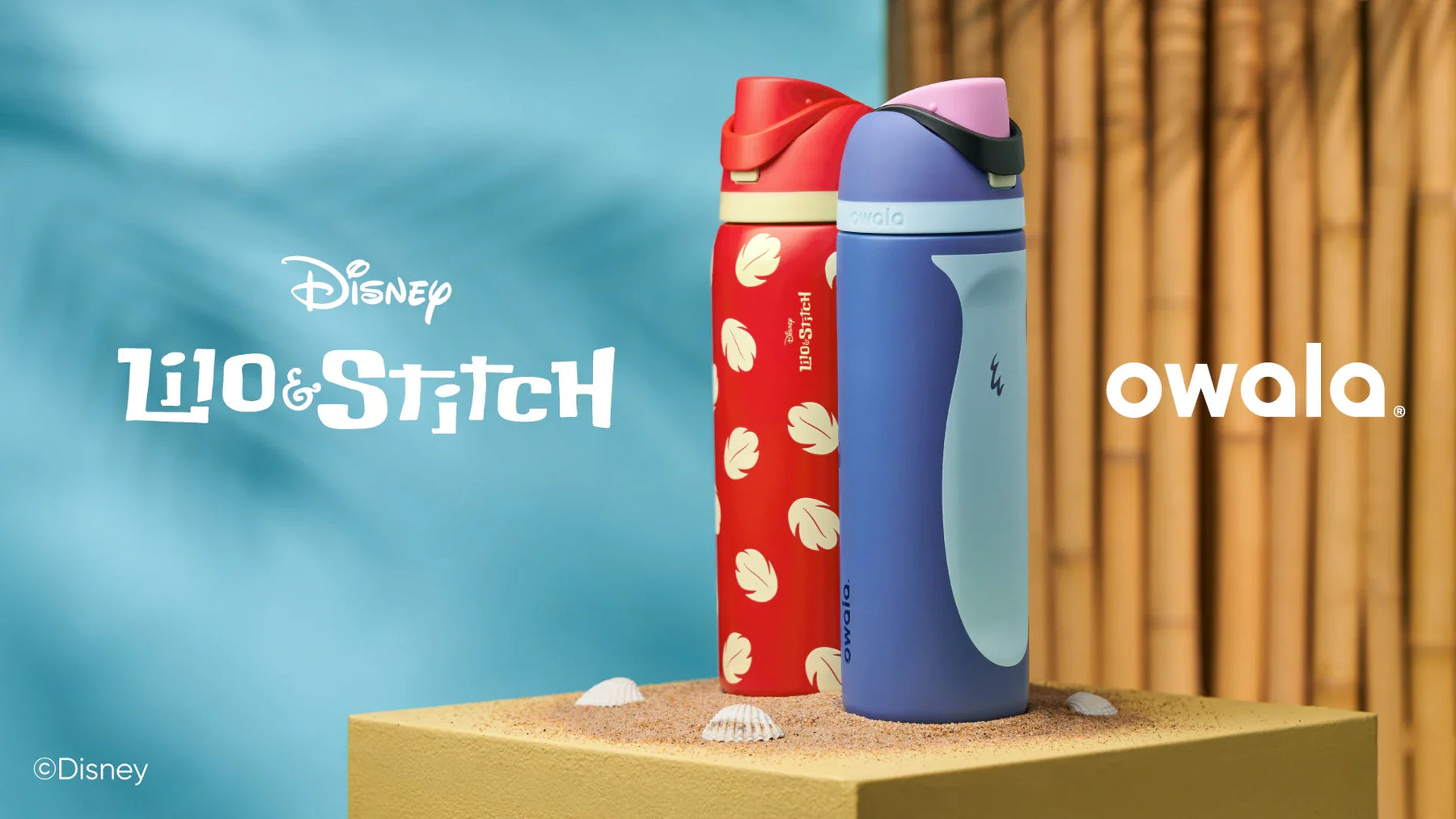 Two Owala water bottles, one red and one blue, with Disney Lilo & Stitch branding on a blue background.
