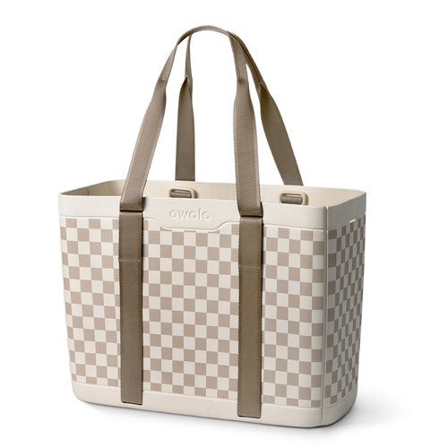 Sun-Day Collapsible Tote in Checkin' In, cream and tan checkerboard pattern tote bag with tan carry loops and matching strap detail