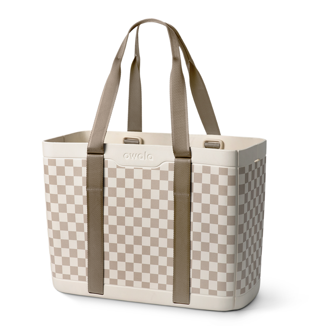 Sun-Day Collapsible Tote in Checkin' In, cream and tan checkerboard pattern tote bag with tan carry loops and matching strap detail