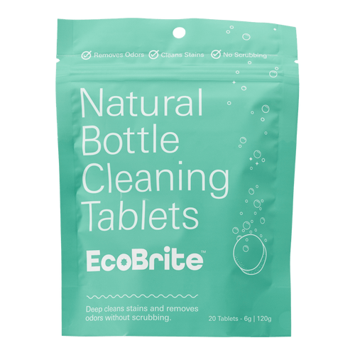 Bottle Cleaning Tablets 20 Pack in EcoBrite; front of teal resealable packet labeled \Natural Bottle Cleaning Tablets EcoBrite\