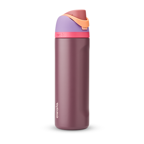 FreeSip 24oz in Lilac Dream, deep plum body with mauve flip cap, lavender lid, hot pink accent band, and orange carry loop