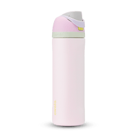 FreeSip 24oz in Candy Coated; soft pink body with pink flip cap, lavender carry loop, sage green accent band on the lid, and yellow push-button
