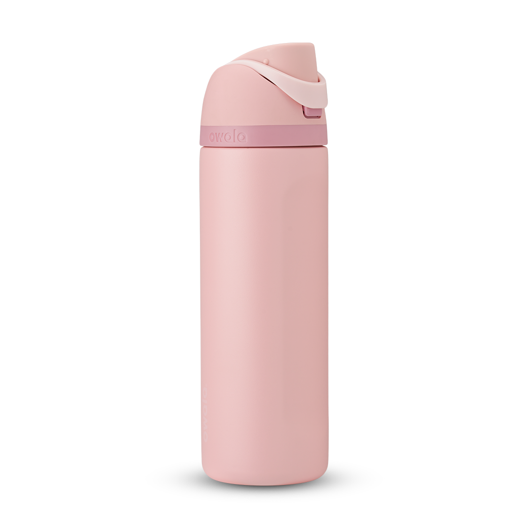 FreeSip 24oz in Rose Quartz, soft pink body with matching pink flip cap, light pink carry loop, and dusty mauve accent band