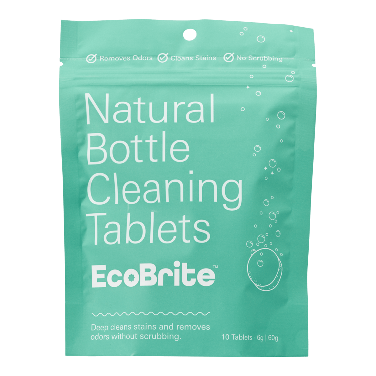 Bottle Cleaning Tablets 10 Pack in EcoBrite; front of teal resealable packet labeled \Natural Bottle Cleaning Tablets EcoBrite\