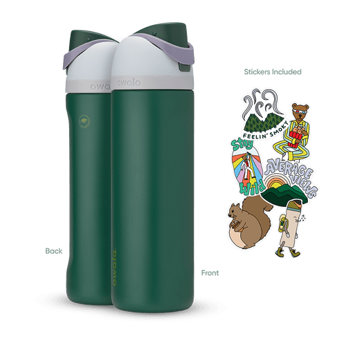 Great American Road Trip FreeSip 24oz in Great Smoky Mountains (deep forest green body with white lid accent band and lavender carry loop), back and front views shown with included stickers featuring a bear, squirrel, hiker, "Feelin' Smoky" mountains, and "Sky Average Hikers" rainbow
