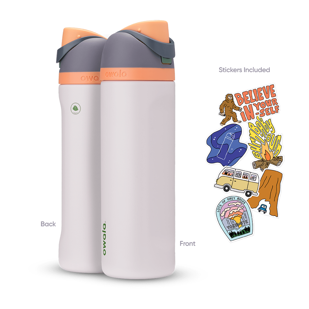 Great American Road Trip FreeSip 24oz in Yosemite (off-white/light gray body with slate-gray flip cap and peach-orange carry loop and accent band), back and front views shown with included stickers featuring Bigfoot, "Believe in Big Trees" text, a campfire, camper van, redwood trees, and a national park badge