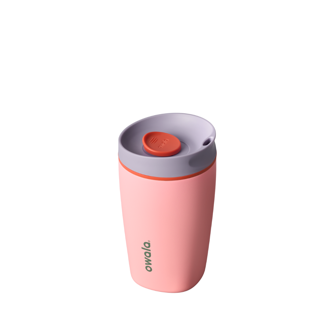 SmoothSip Slider 12oz, light coral pink body with lavender gray lid and orange slider button