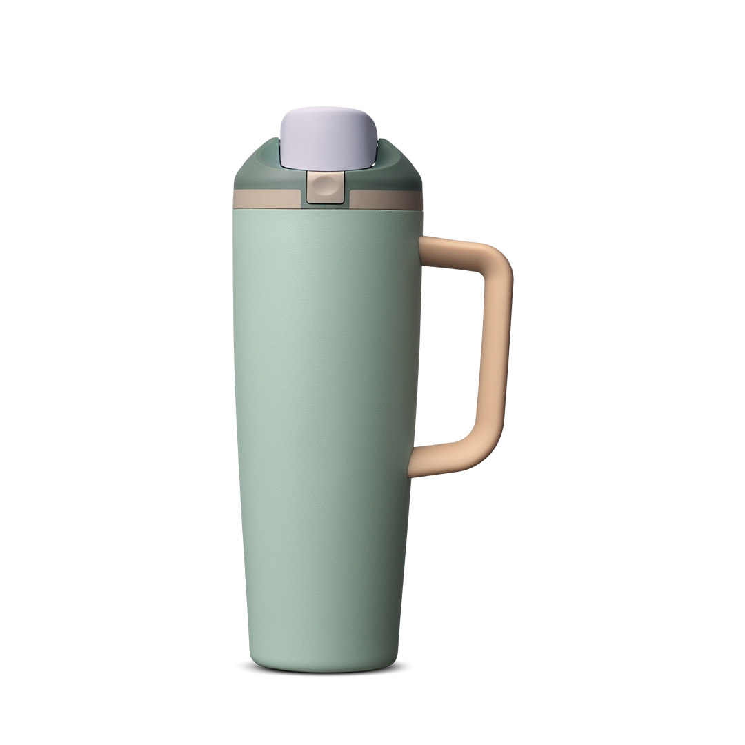 FreeSip Tumbler 30oz, sage green body with natural tan/wood-tone handle and light grey-green lid