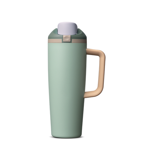 FreeSip Tumbler 30oz, sage green body with natural tan/wood-tone handle and light grey-green lid