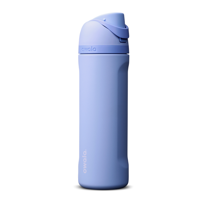 Owala FreeSip 24oz in Out of the Blue, periwinkle blue insulated bottle with matching blue-lavender flip cap and carry loop