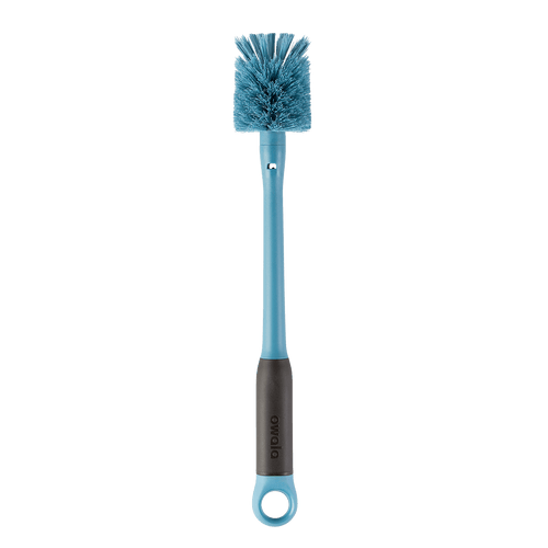 2-in-1 Bottle Brush; medium blue long-handled bottle brush with dark gray grip and blue loop ring at base