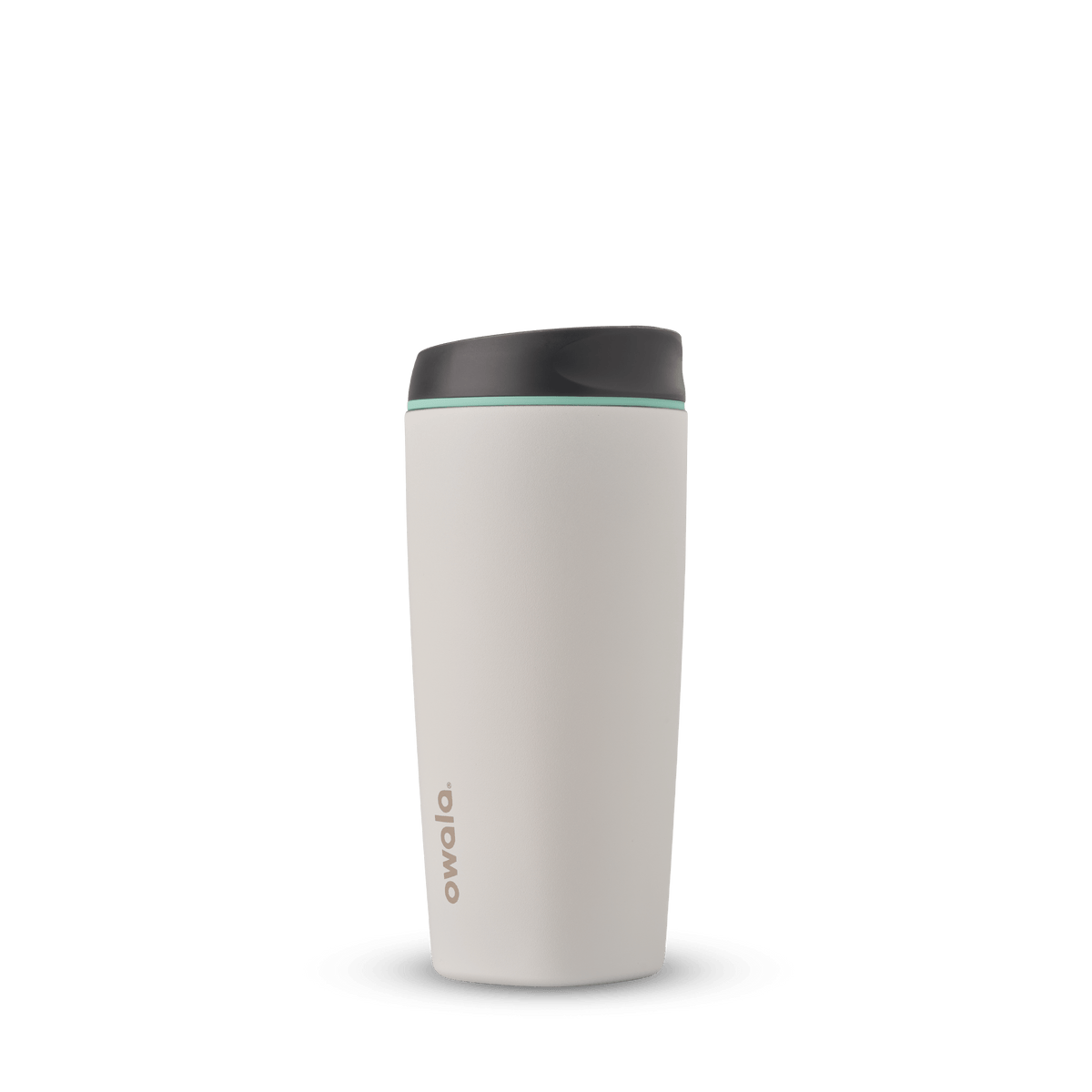 SmoothSip 20oz in Cloudscape, off-white cream tumbler body with charcoal gray flip-style lid and mint green accent ring