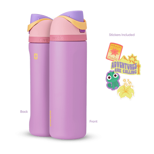 FreeSip 24oz in Rapunzel, lavender purple insulated bottle with light pink flip cap, purple lid, pink accent band, and yellow carry loop, shown front and back with included sun tower, "Adventures Are Calling" mountain, Pascal chameleon, and yellow flower stickers