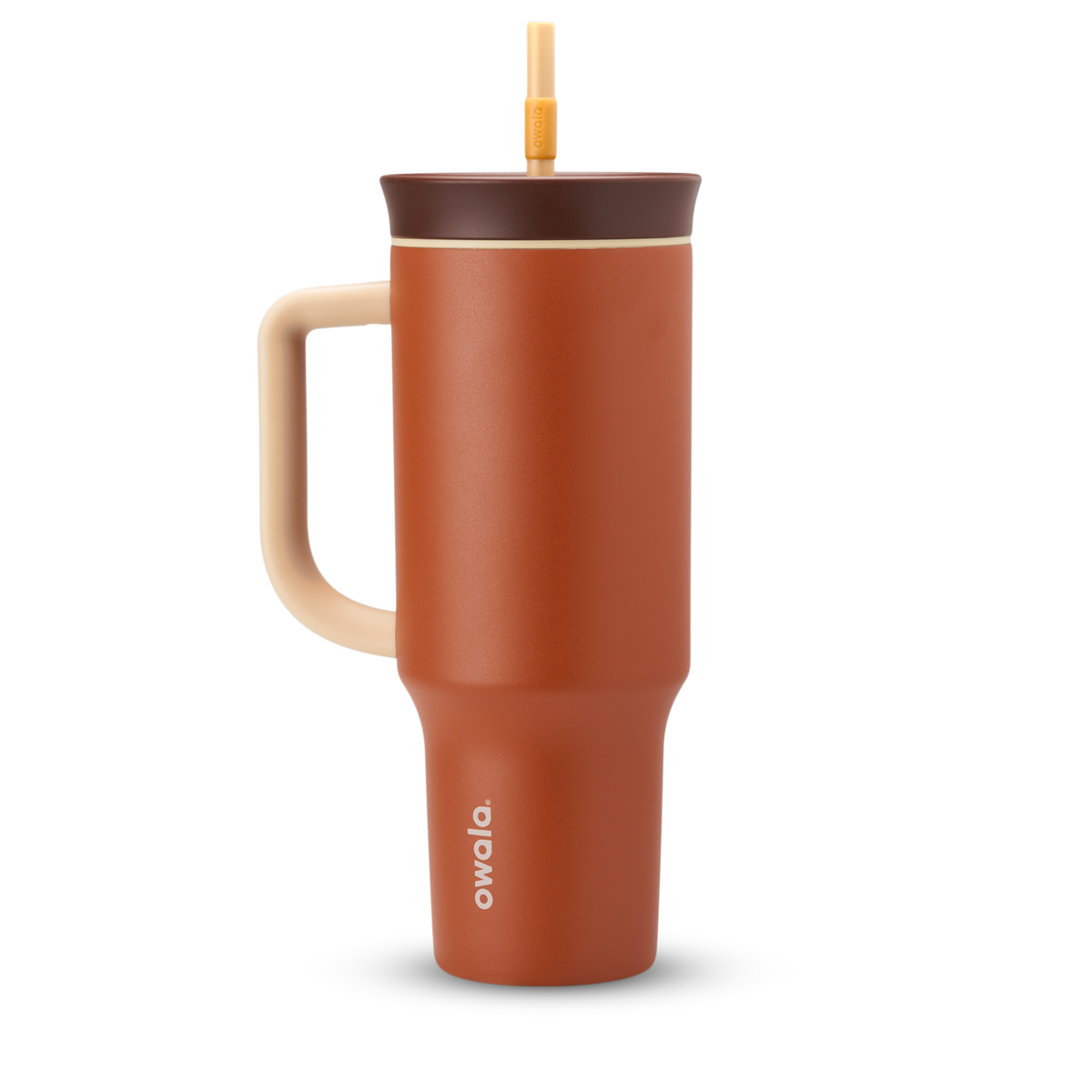 40oz Tumbler in Pumpkin Spice, burnt orange insulated tumbler with cream handle, dark chocolate brown lid, and orange-tipped straw