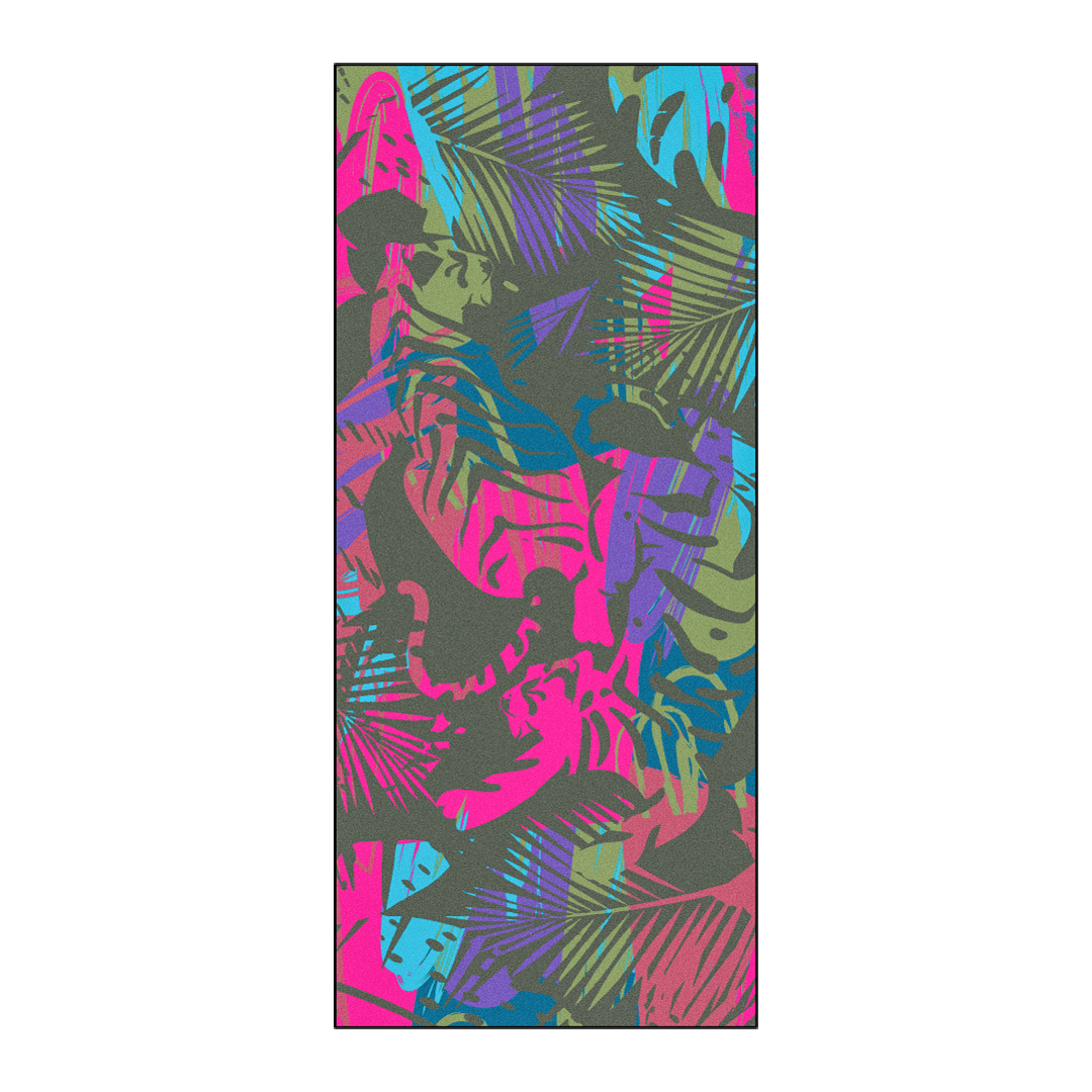 Owala Beach Towel in Dos Tigres; bold pop-art print of stylized pink, blue, green, and purple tigers and tropical leaves on an olive green background