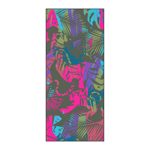 Owala Beach Towel in Dos Tigres; bold pop-art print of stylized pink, blue, green, and purple tigers and tropical leaves on an olive green background