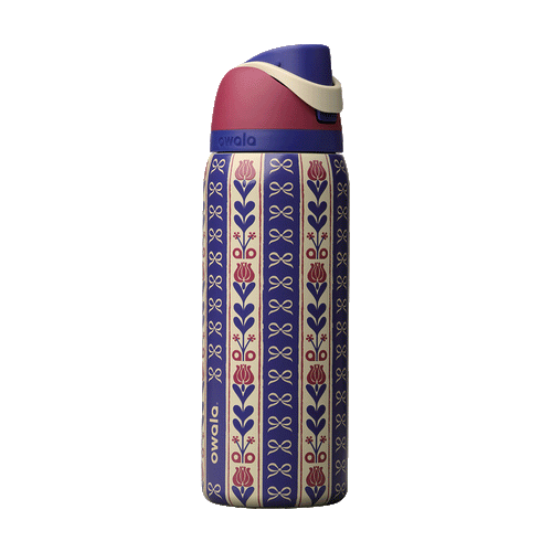 FreeSip 32oz Holiday Hygge; rotating view of cream and navy blue striped body with vertical floral motifs of red tulips and navy bows in a folk-art pattern, dusty rose flip cap, cream carry loop, and navy blue lid