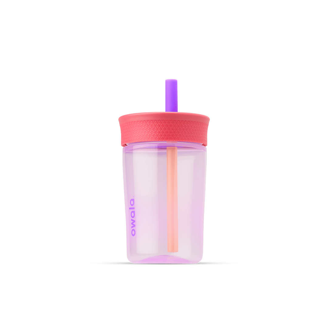 Kids' Tumbler 15oz in Lilac Rocket; translucent lavender plastic body with coral pink lid and purple straw with peach inner straw, lavender Owala logo on front